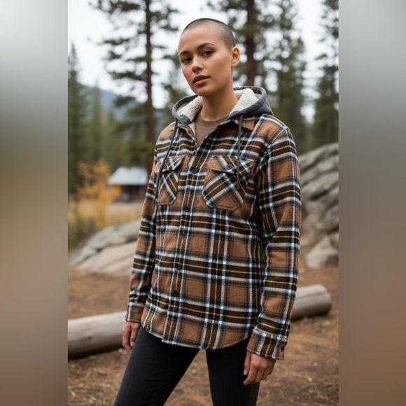 Distortion Jackets & Blazers - Brown Plaid Flannel Jacket with Hood